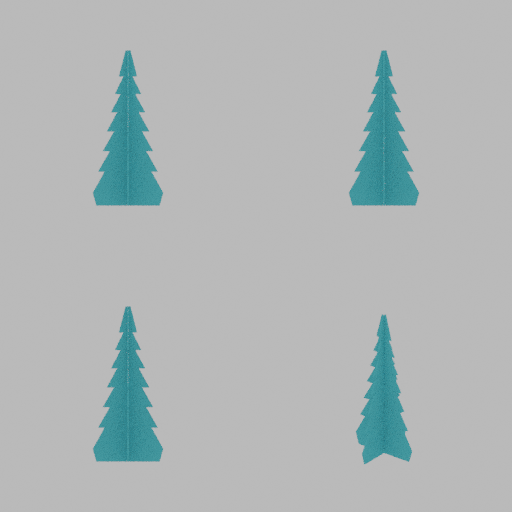 Front, side, back and isometric rendered views of the two intersecting tree-shaped panels